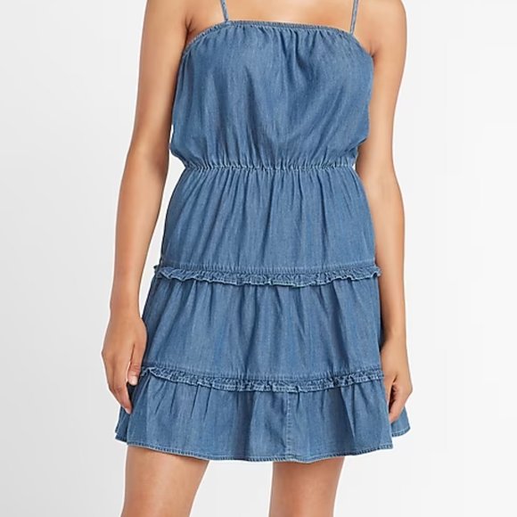 NWT Denim Square Neck Tiered Mini Dress size M (318) - Picture 3 of 3